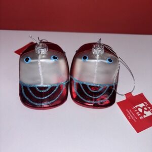 Place & Time Novelty Christmas Ornament Red/Silver & Blue Baseball Cap Lot Of 2